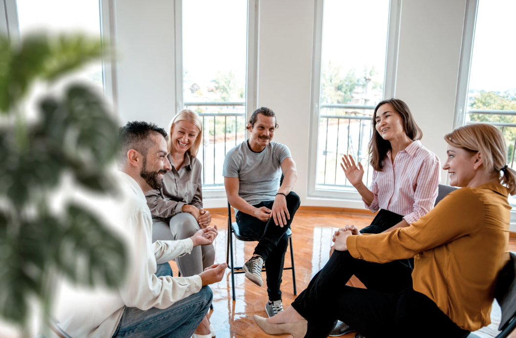 A group of people talking.
